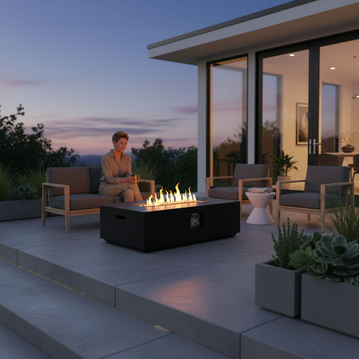 Volon 48" × 30" Rectangular Fiber‑Concrete Fire Pit Table – Charcoal Finish - 50,000 BTU – Charcoal Finish, 50,000 BTU