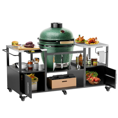 Outdoor Grill Table for Big Egg‑Style BBQ with Metal & Stainless Steel Cart and Storage — Black/Silver