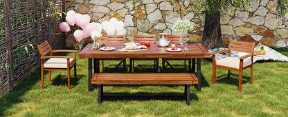 Outdoor Dining Set for 7–8 — Acacia Wood, Beige Cushions & Ergonomic Chairs