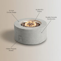 Zachary 31 In. X 24.5 In. Circular Concrete Propane Outdoor Patio Fire Pit in Light Gray — Feature Infographic
