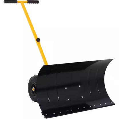 15 In. Steel Angle-Adjustable Handle Steel Heavy-Duty Snow Shovel Rolling Pusher with 29 In. Blade, 10 In. Wheels