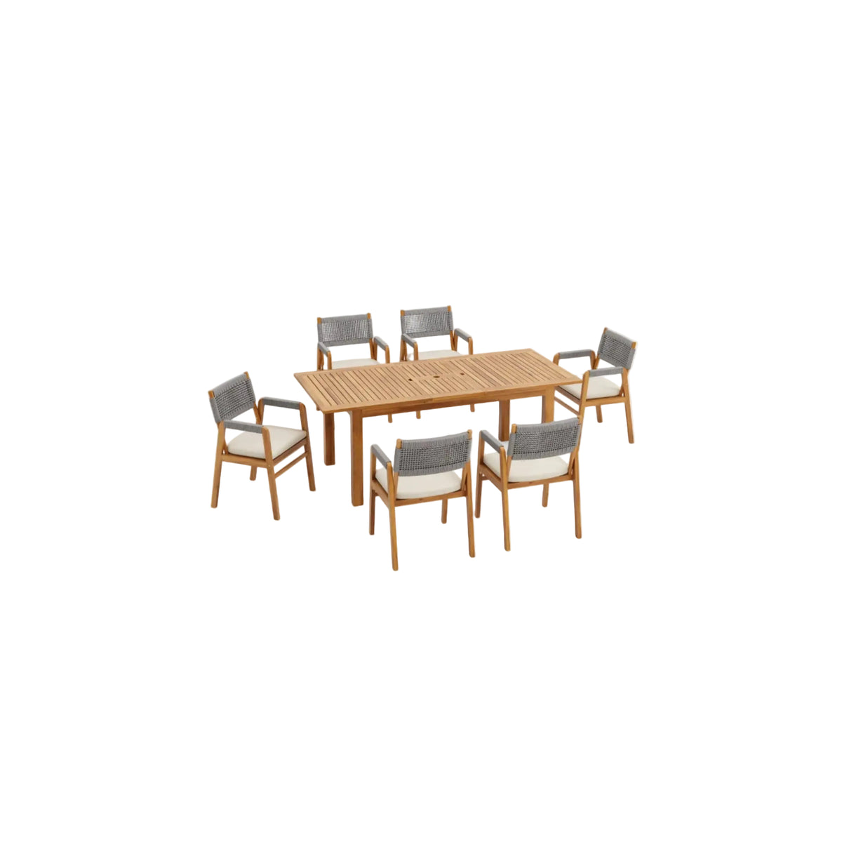 Teak‑Finish Acacia Dining Set with Rope‑Woven Armchairs (7‑Piece)