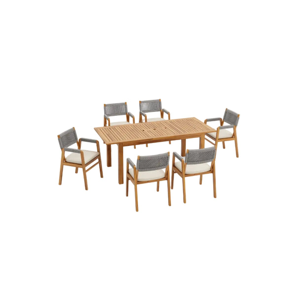 Teak‑Finish Acacia Dining Set with Rope‑Woven Armchairs (7‑Piece)