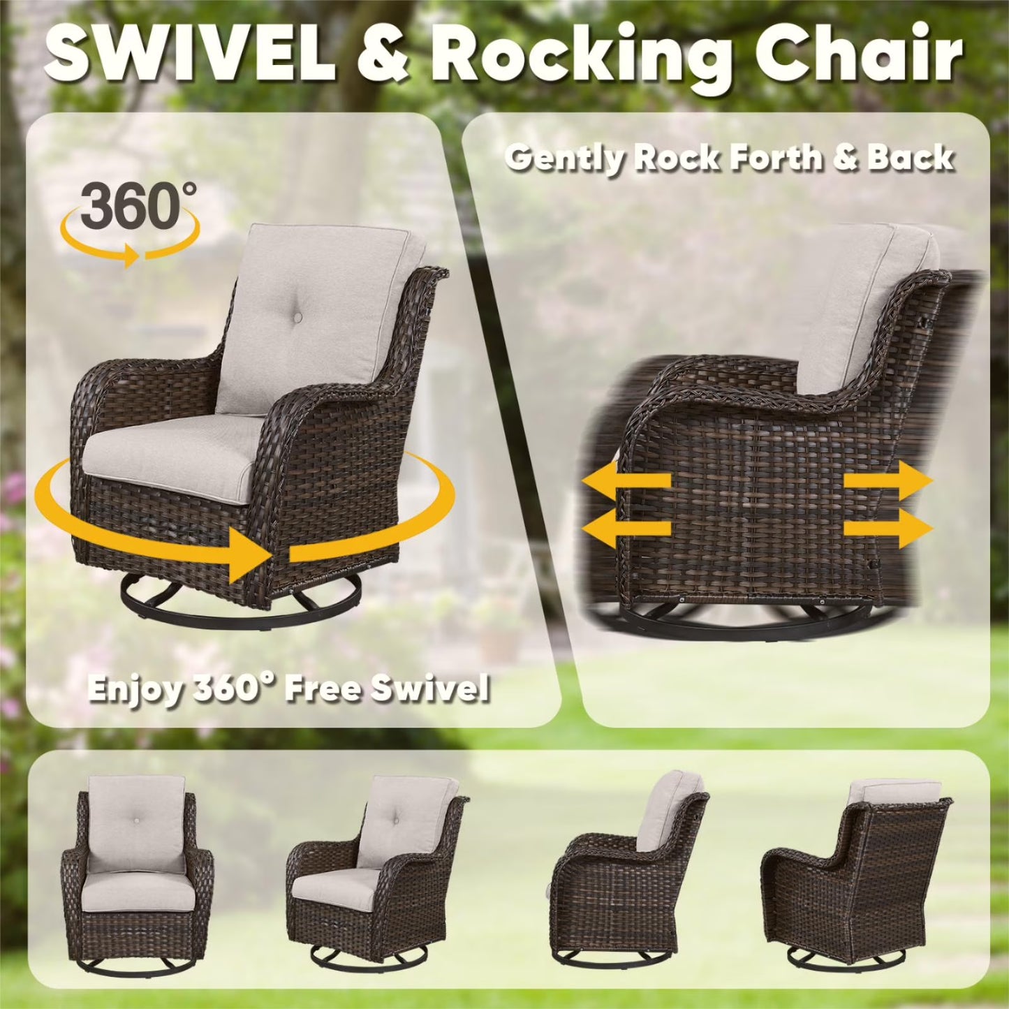 5-Piece High Back Outdoor Wicker Conversation Set with Swivel Chairs, Ottoman & 50,000 BTU Fire Pit Table - Patio Furniture Set for Deck, Porch, Poolside