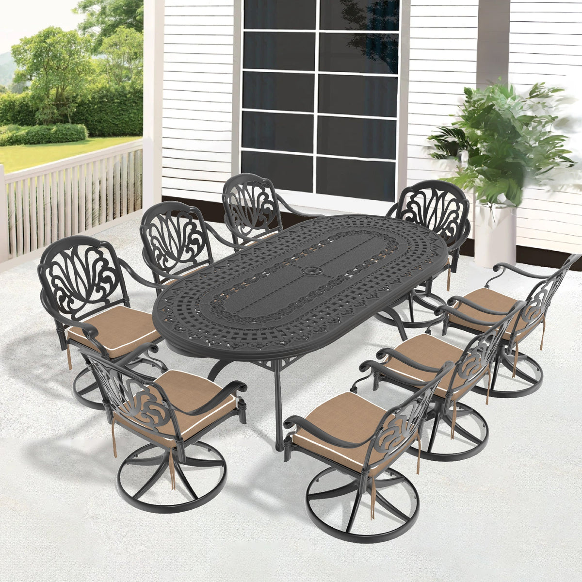 9-Piece Cast Aluminum Patio Dining Set with Swivel Chairs - Black