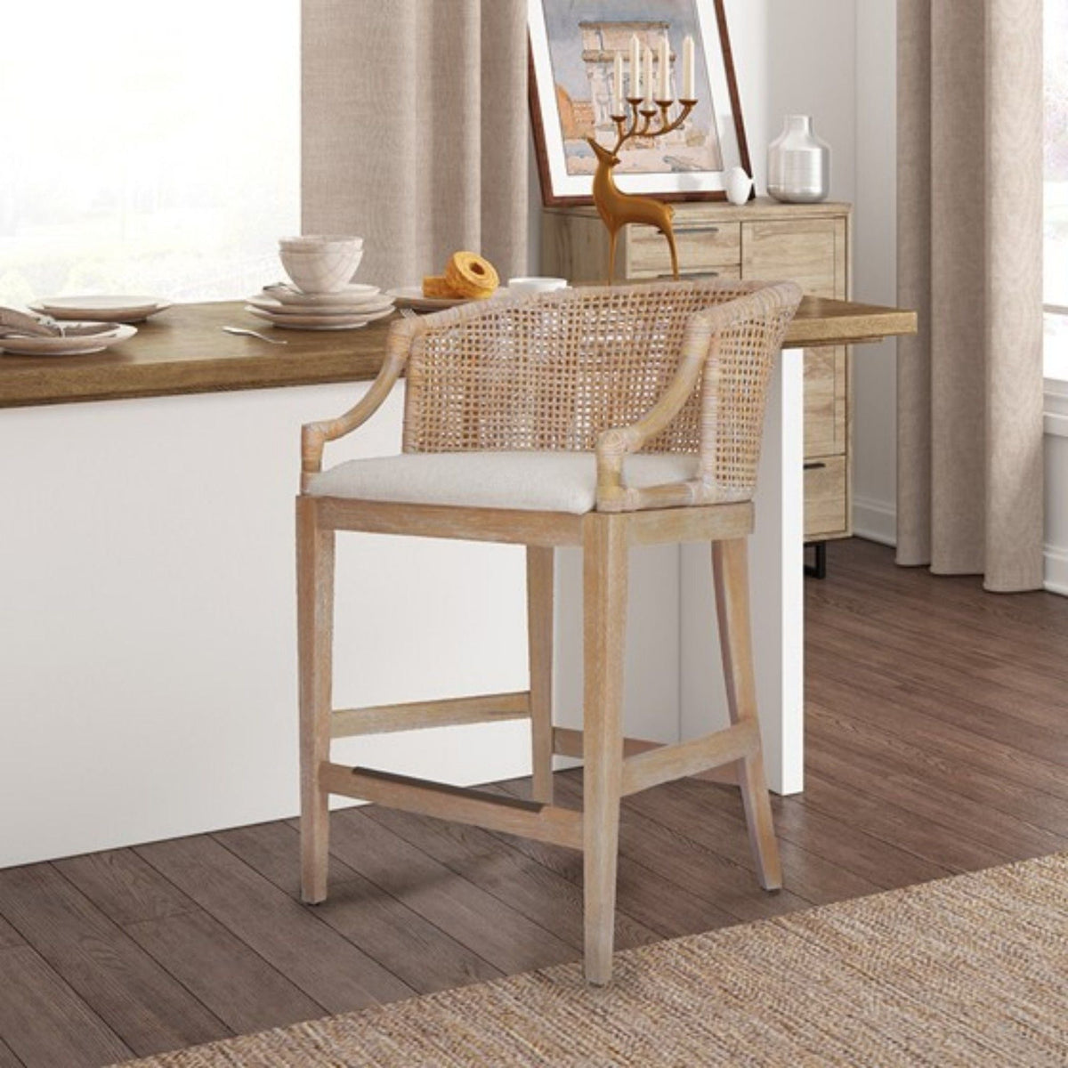 Handcrafted Natural Rattan Counter Stool – Solid Wood Legs, Cushioned Seat & Whitewash Option