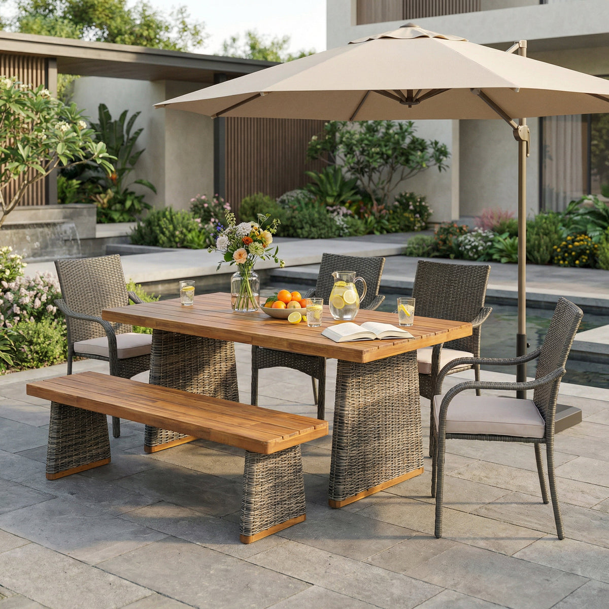 6‑Piece Outdoor Acacia Wood Dining Set with PE Rattan Chairs & Handwoven Rattan Legs