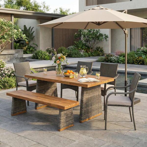 6‑Piece Outdoor Acacia Wood Dining Set with PE Rattan Chairs & Handwoven Rattan Legs