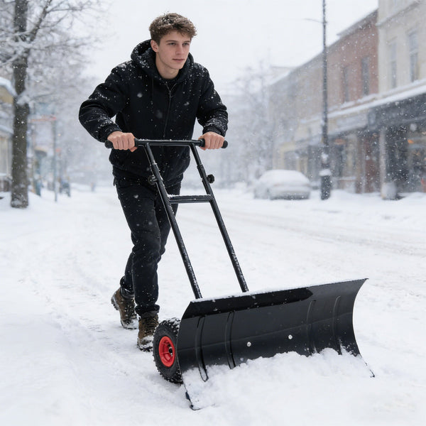 Snow Pusher Heavy Duty Metal Shovel 29" with Wheels and Adjustable Handle-Black