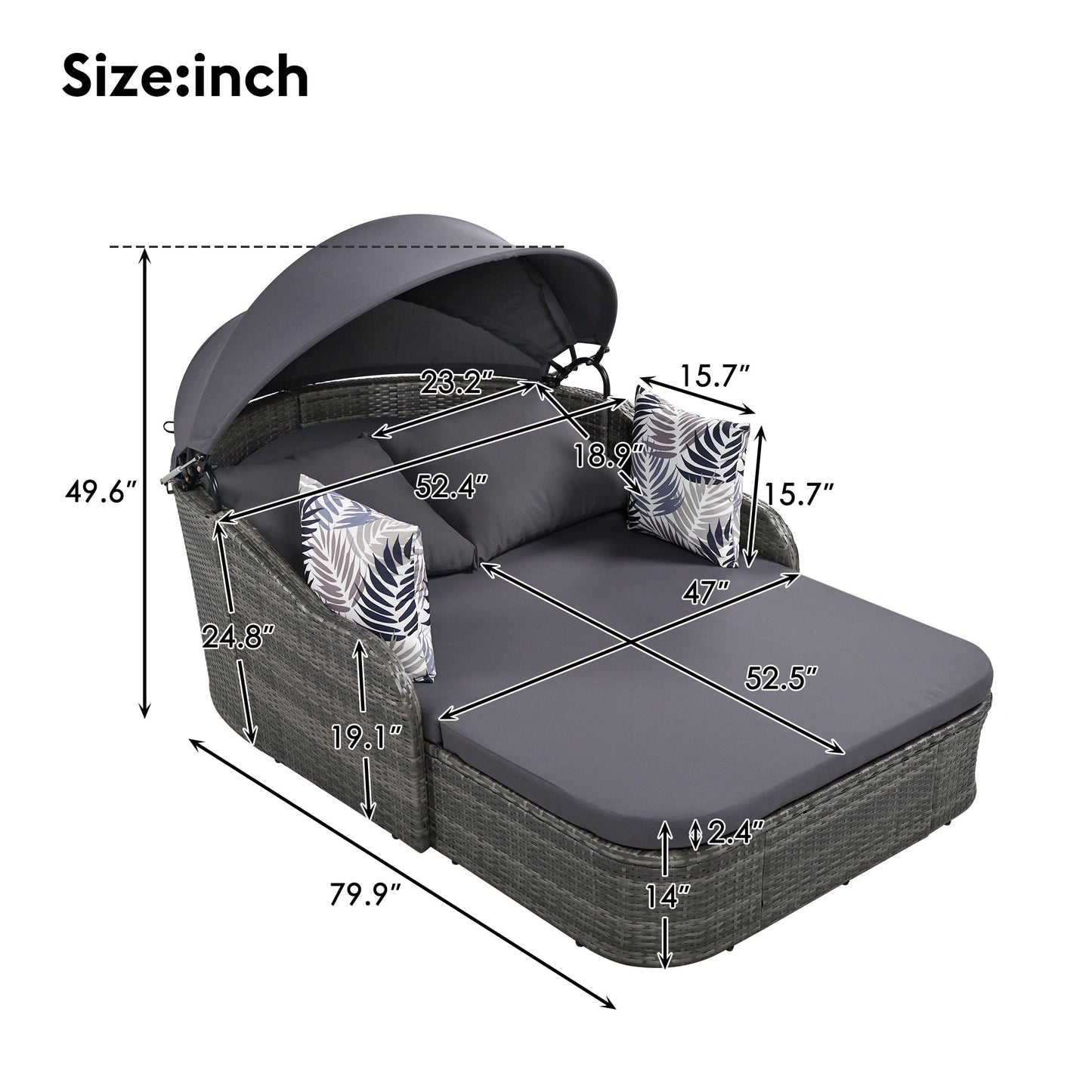 Outdoor Sunbed with Adjustable Canopy PE Rattan Daybed