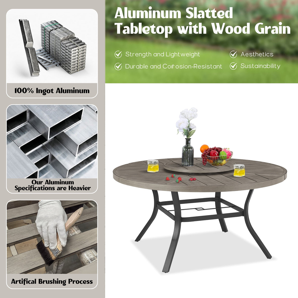 Azur Patio Round 60" Dining Set With Removable Lazy Susan And Sunbrella® Cushions