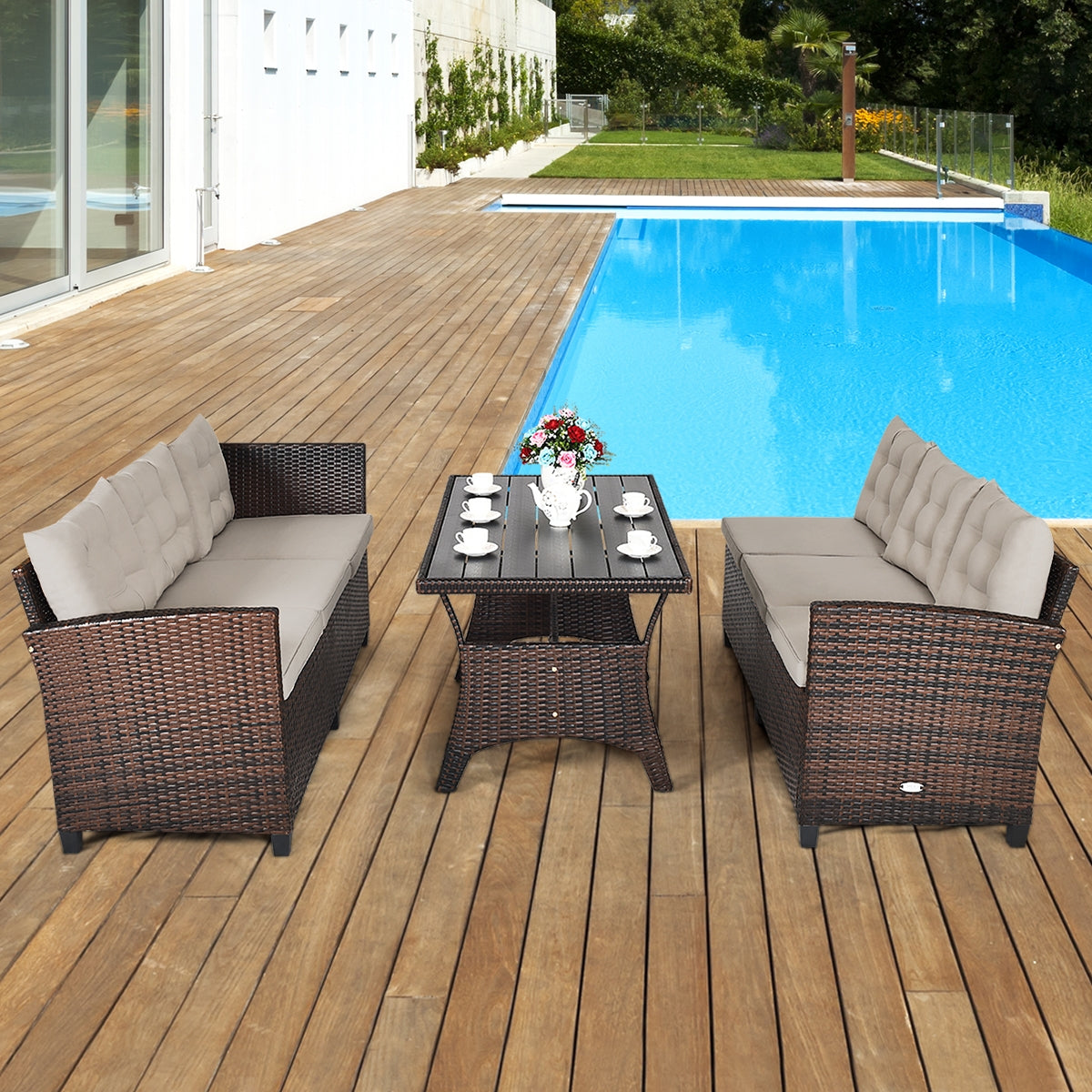 Hand‑Woven Rattan Outdoor Sofa Set with Dining Table — 3‑Piece