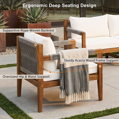 Acacia Wood Outdoor Modular Seating Set with Rope Accents & Water‑Resistant Cushions – 3‑Piece