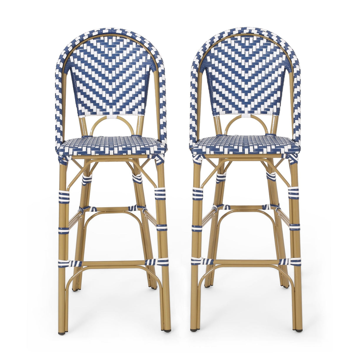 Outdoor French Rattan Barstool Set – Navy & White PE Wicker with Rust‑Resistant Aluminum Frame