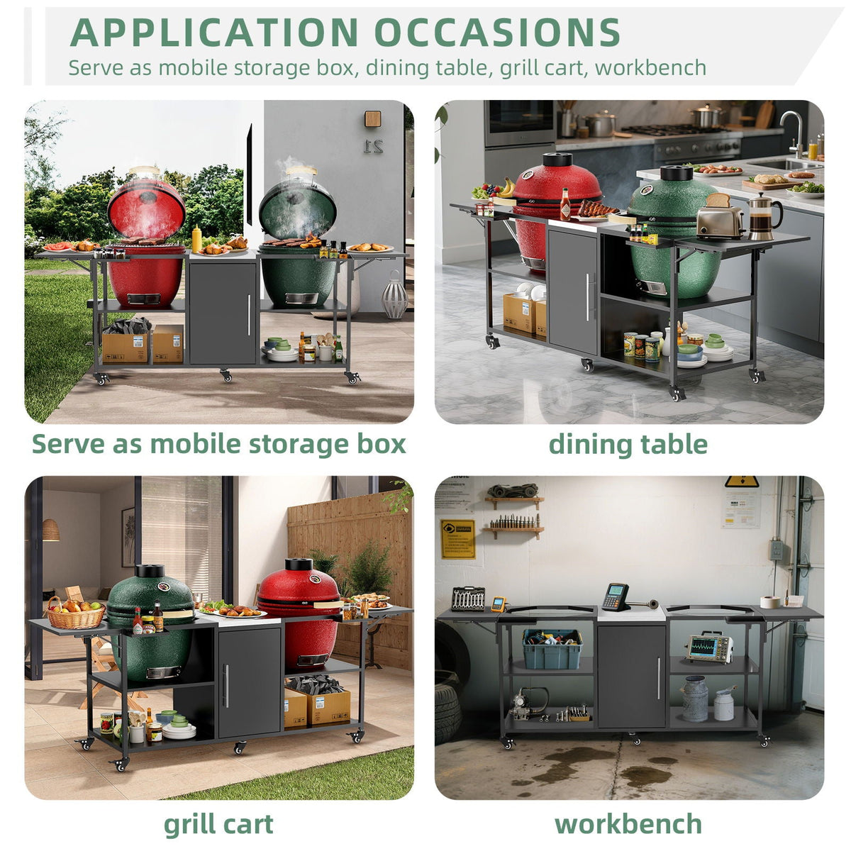 Outdoor Grill Cart for 2 Big Egg Grills – Black/Silver