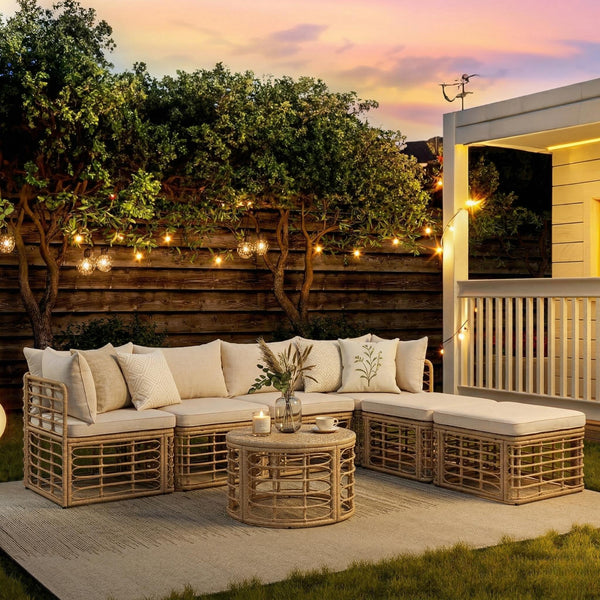 Outdoor Patio Furniture, All-Weather Rattan Sectional Sofa Set With Thick Cushions And Pillows-Beige
