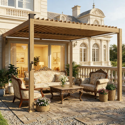 Pergola Louvered Metal Brown 9.8x9.8ft Solar LED Drainage