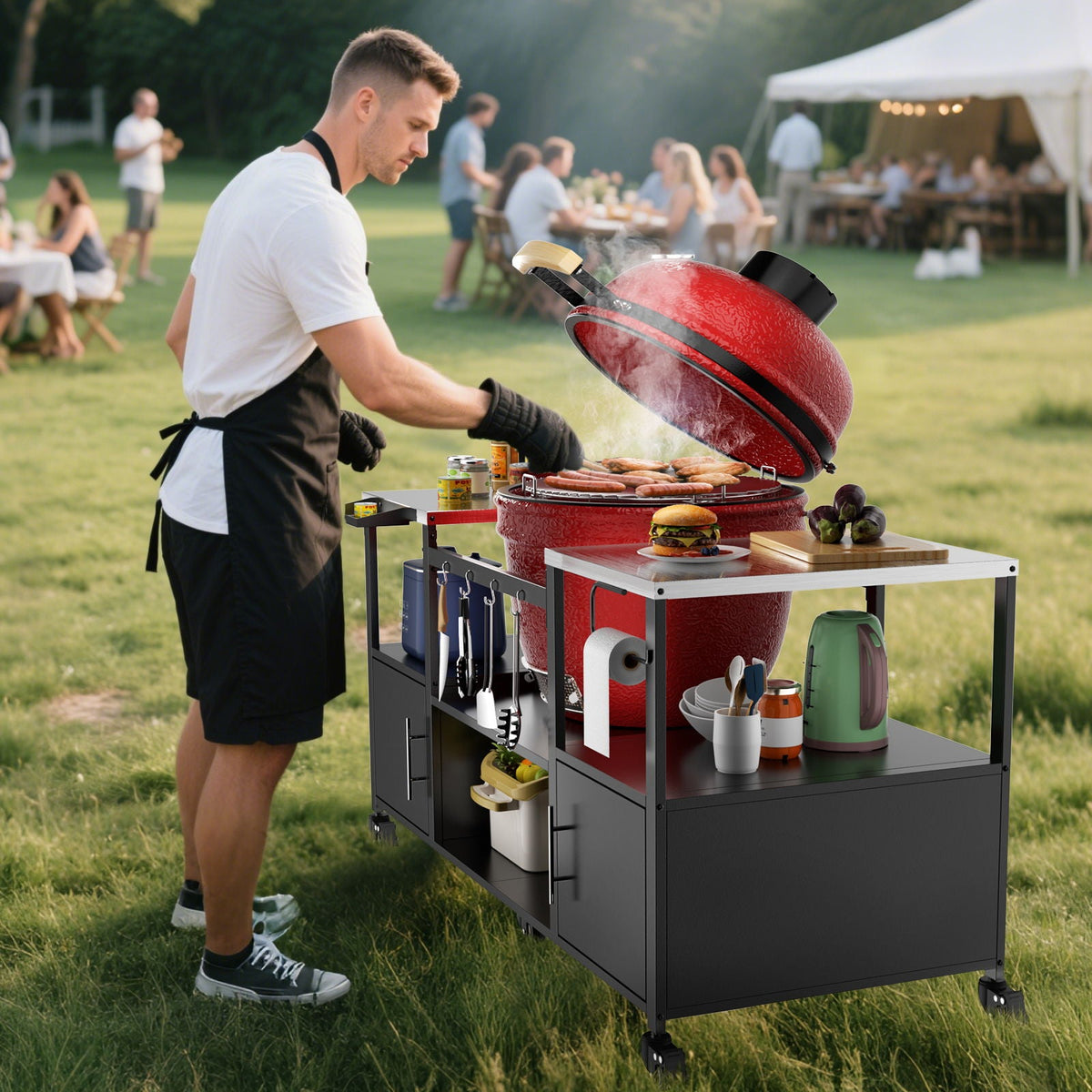 Outdoor Grill Table for Big Egg‑Style BBQ with Metal & Stainless Steel Cart and Storage — Black/Silver