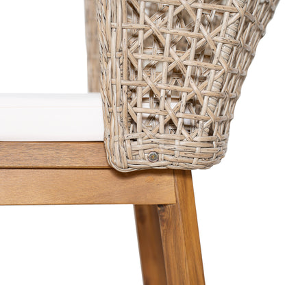 Outdoor Bar Stools — Acacia Wood, Wicker Backrest & Plush Beige Cushions (Set of 4)