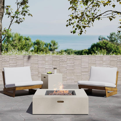 Sherwood Acacia Wood Outdoor Lounge Chairs and 50,000 BTU Square Propane Fire Pit,White, Teak, and Light Gray