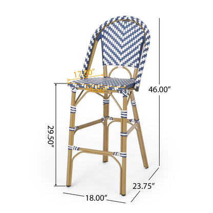Outdoor French Rattan Barstool Set – Navy & White PE Wicker with Rust‑Resistant Aluminum Frame