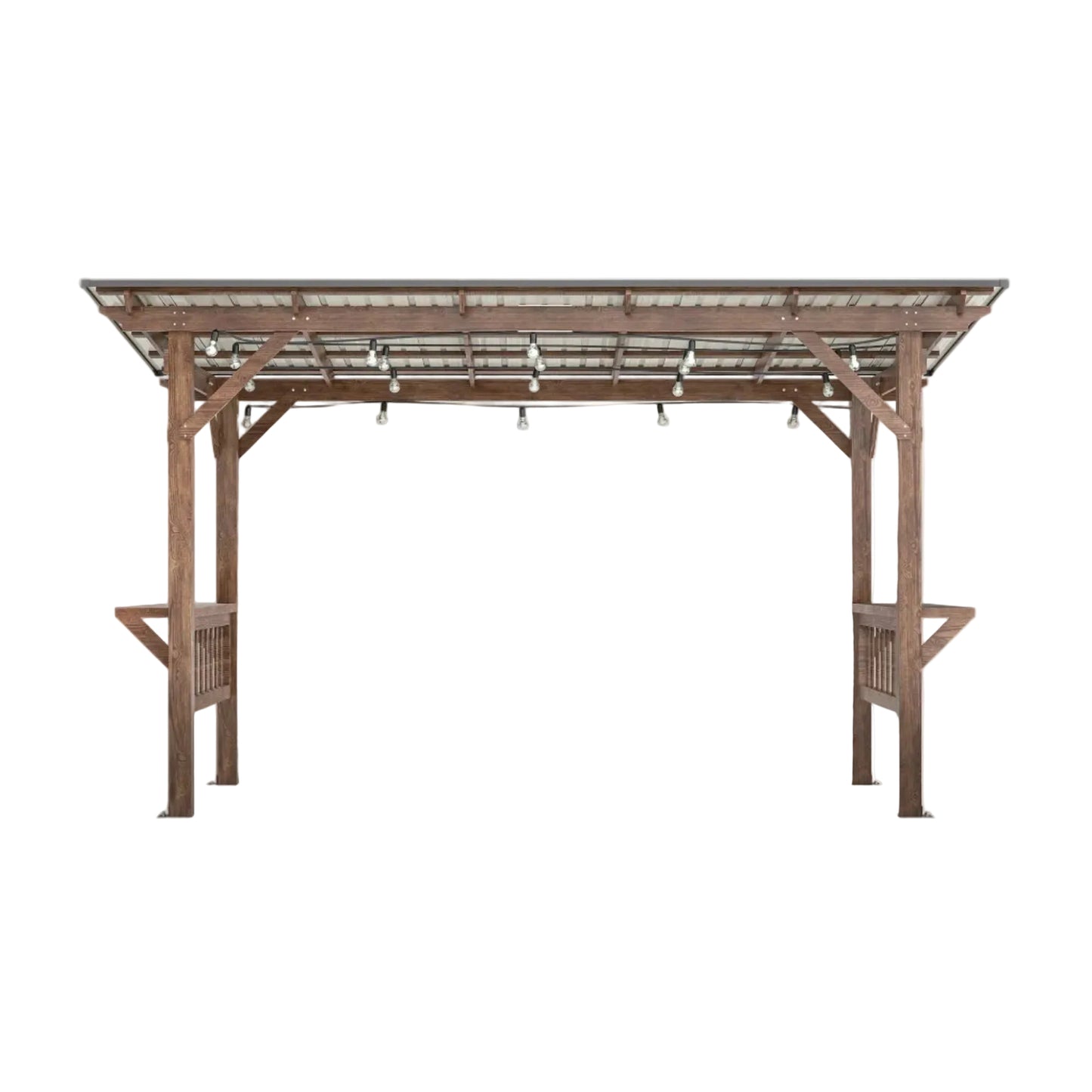 13' x 6.5' Wooden Pergola Grill Gazebo with Metal Roof & Bulbs & Bar Counters