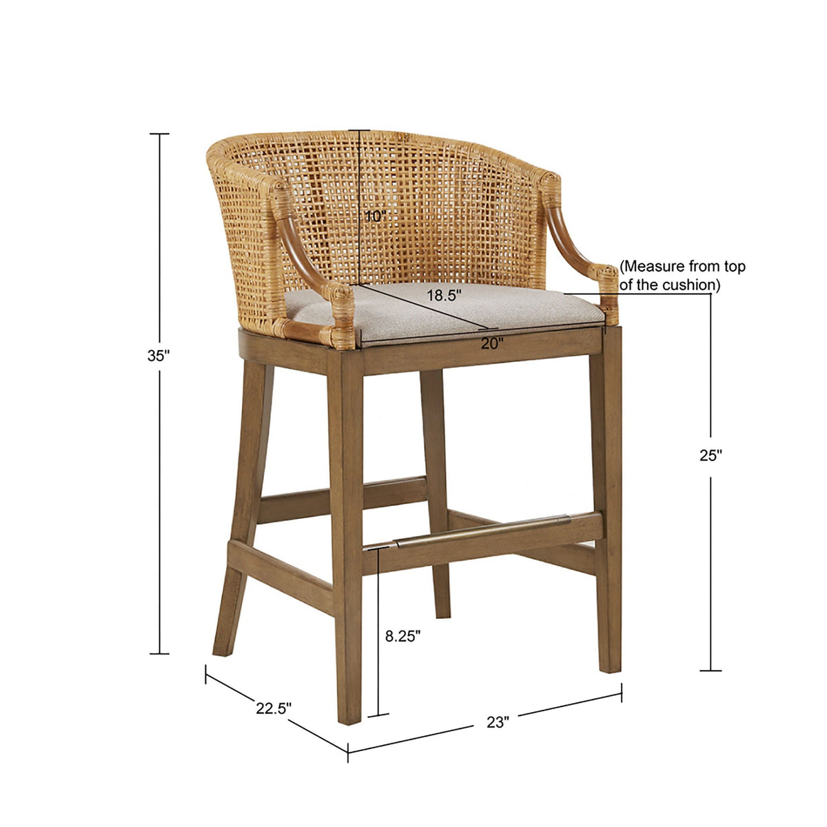 Handcrafted Natural Rattan Counter Stool – Solid Wood Legs, Cushioned Seat & Whitewash Option