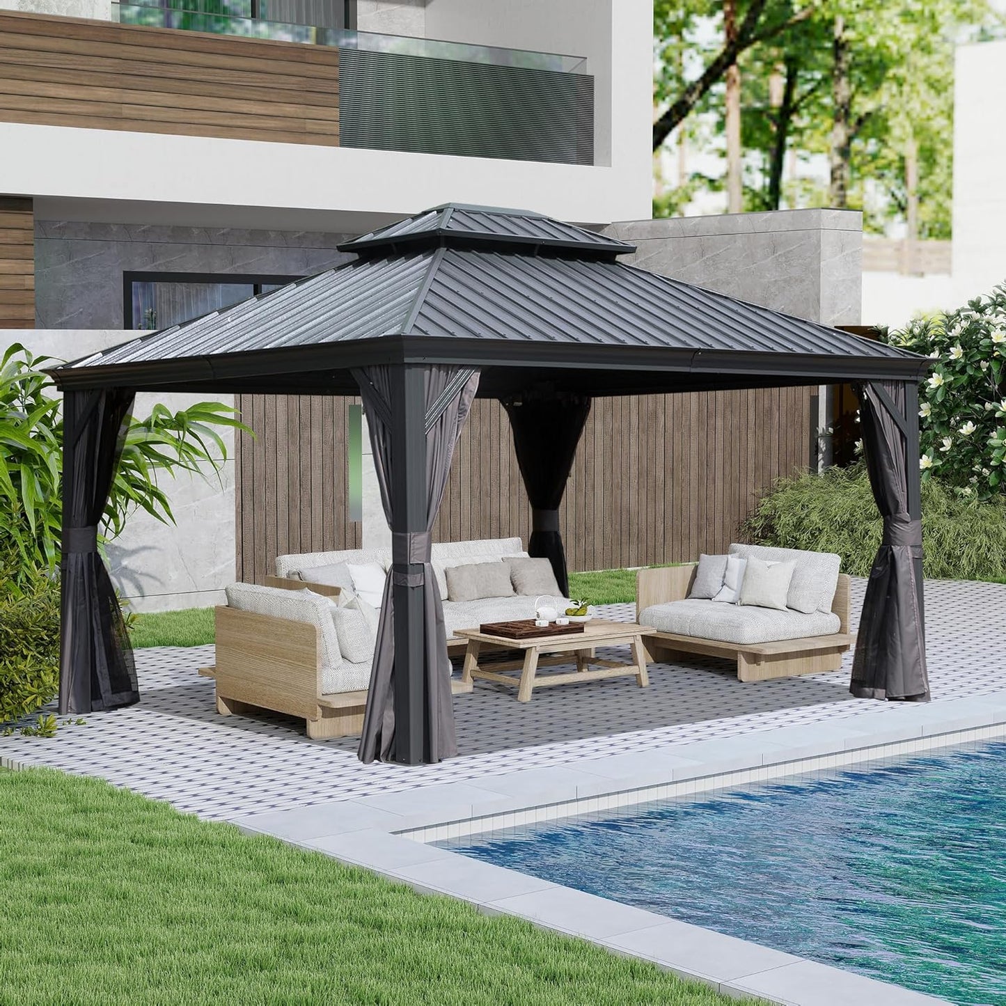 10x13ft Outdoor Gazebo with Galvanized Steel Double Roof