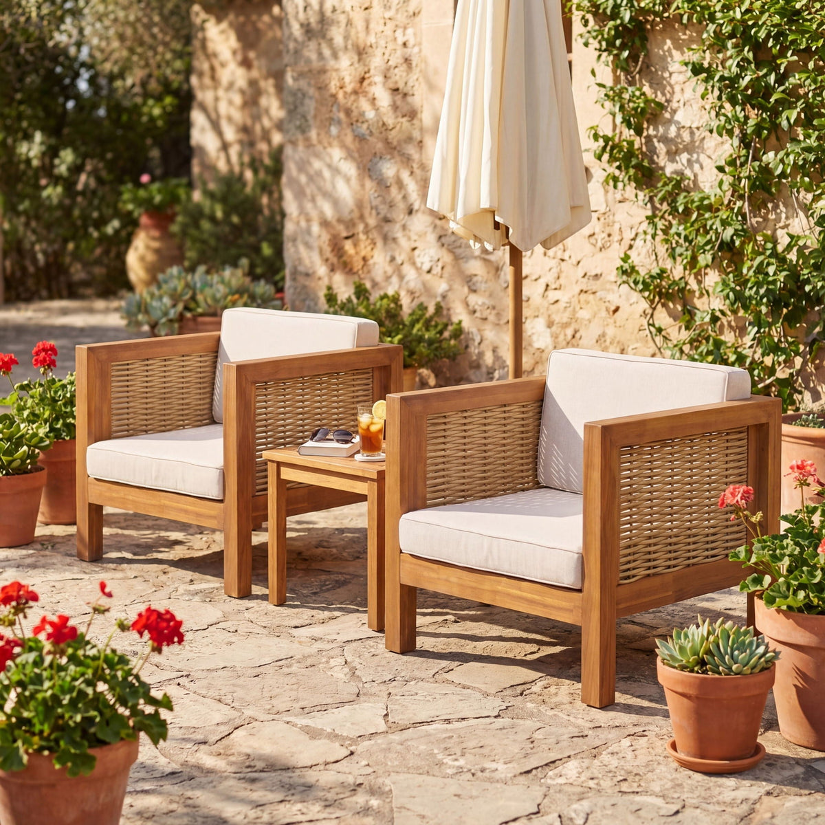 Acacia Wood Outdoor Club Chair, Weather‑Resistant with Wicker Armrests