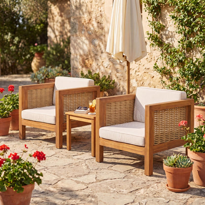 Acacia Wood Outdoor Club Chair, Weather‑Resistant with Wicker Armrests