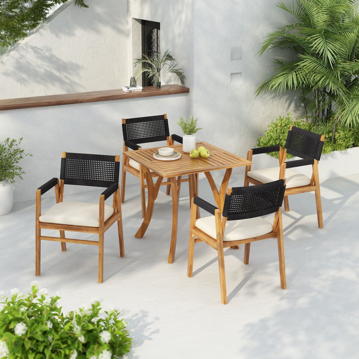 5 Piece Outdoor Rustic Patio Acacia Bistro Set With Cushions
