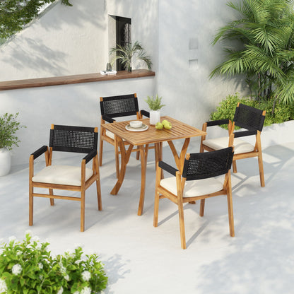 5 Piece Outdoor Rustic Patio Acacia Bistro Set With Cushions