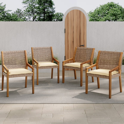 Acacia Wood & Wicker Outdoor Dining Chair Set of 4 with Cream Cushions