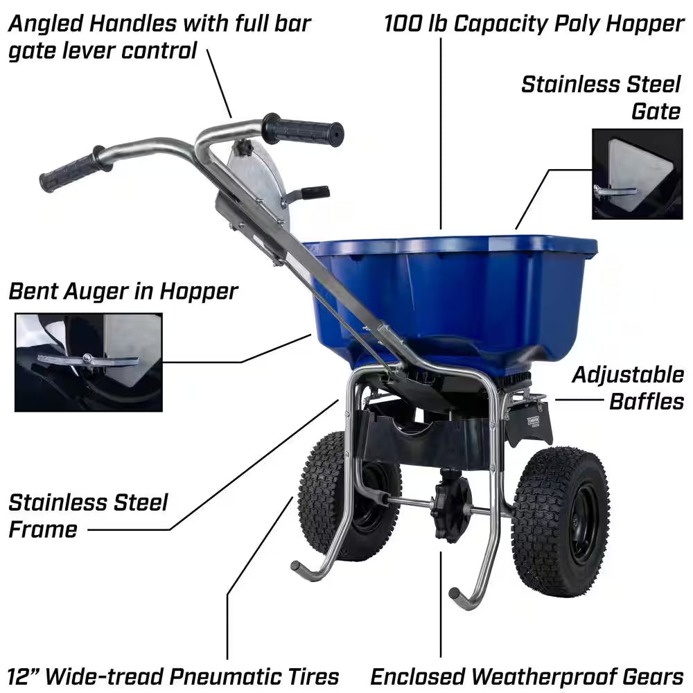 88800B Broadcast Spreader, Rock Salt, Ice Melt, Adjustable Baffles, 12" Tires, Enclosed Greased Gears, Cover, 100Lbs
