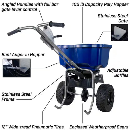 88800B Broadcast Spreader, Rock Salt, Ice Melt, Adjustable Baffles, 12" Tires, Enclosed Greased Gears, Cover, 100Lbs