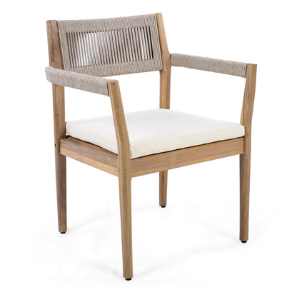 raided Acacia Outdoor Dining Chair Set of 4 — Teak Look with Beige Rope & Cream Cushions