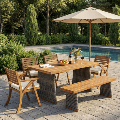 6-Piece Acacia Wood Dining Set with Cushions & Handwoven Rattan Legs