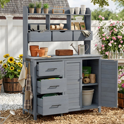 TOPMAX 65" Farmhouse Wooden Garden Potting Bench – 6 Drawers, Storage Cabinet & Adjustable Shelf