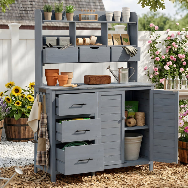 TOPMAX 65" Farmhouse Wooden Garden Potting Bench – 6 Drawers, Storage Cabinet & Adjustable Shelf