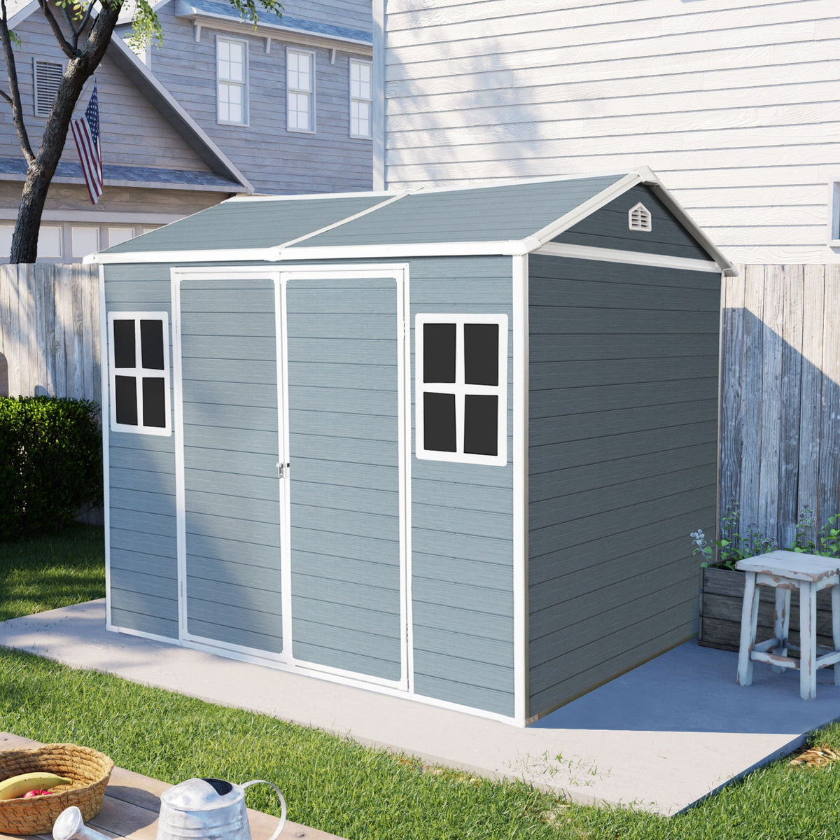 Resin Outdoor Storage Shed with Floor & Lockable Door - Gray or Black