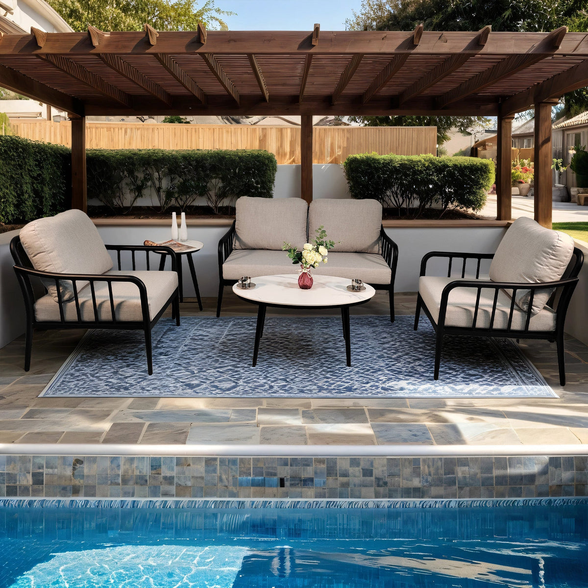 5‑Piece Modern Aluminum Patio Furniture Set – Sunbrella Cast Silver Cushions & Carrara Sintered Stone Tables