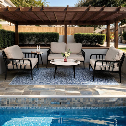 5‑Piece Modern Aluminum Patio Furniture Set – Sunbrella Cast Silver Cushions & Carrara Sintered Stone Tables