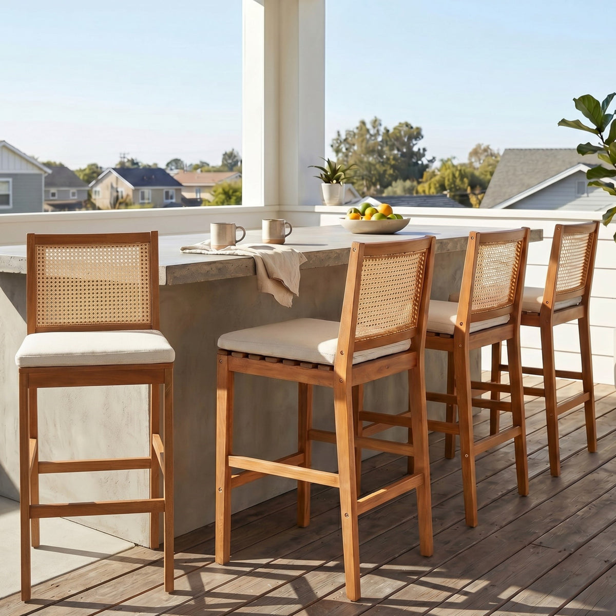 Kirkby Acacia Wood Outdoor Barstool with Woven Rattan Backrest & Cushion  Short + Clean