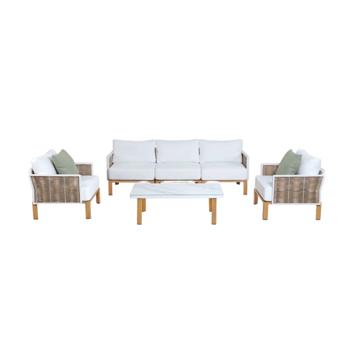 Vine 4‑Piece Outdoor Conversation Set with Convertible Sectionals & Marble‑Design Table – White