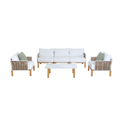 Vine 4‑Piece Outdoor Conversation Set with Convertible Sectionals & Marble‑Design Table – White