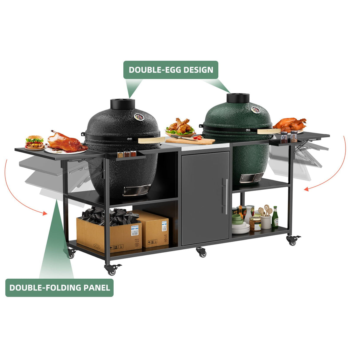 Outdoor Grill Cart for 2 Big Egg Grills – Black/Silver