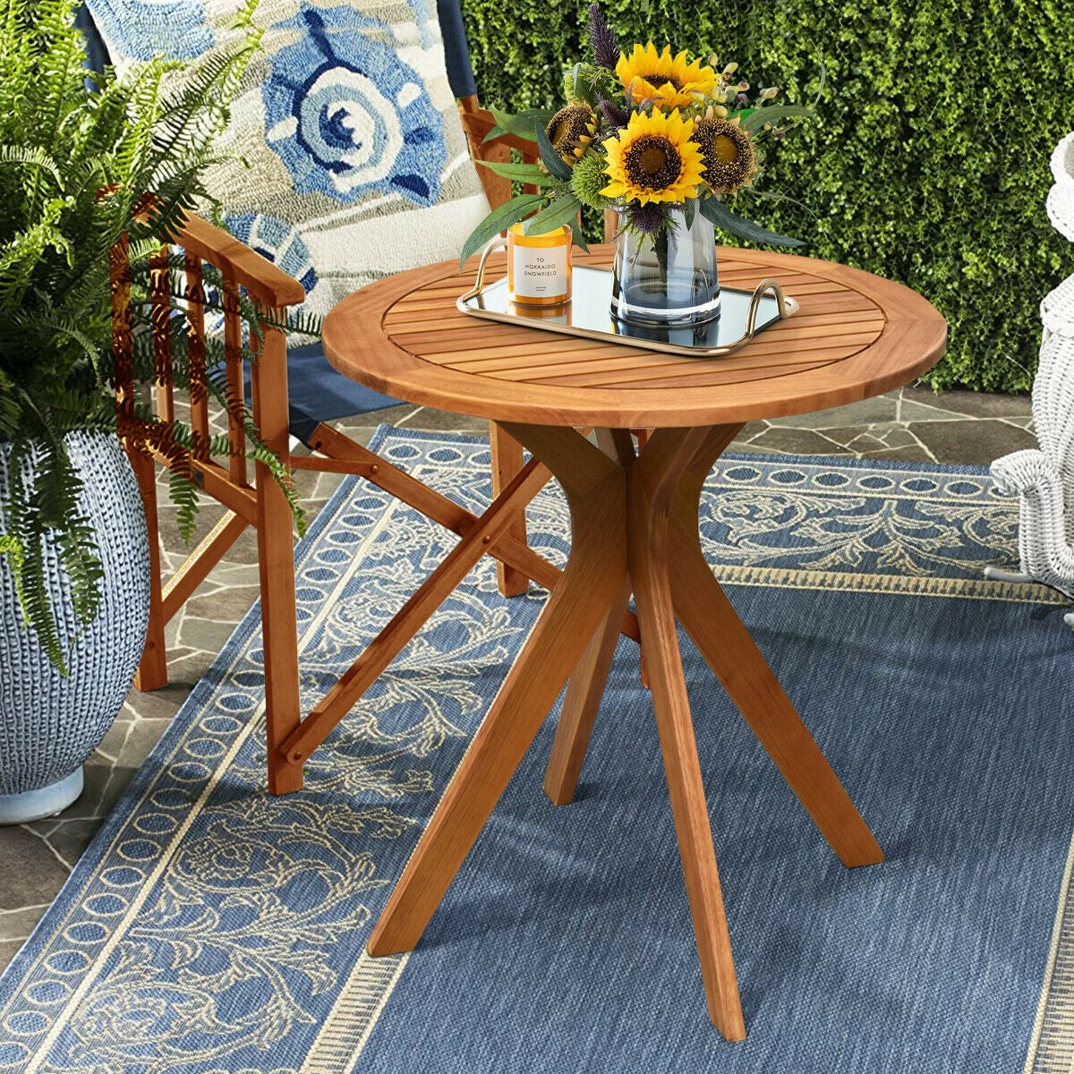 27" Outdoor Round Solid Eucalyptus Wood Bistro Table – Rustic Teak Finish, Water‑Resistant Design