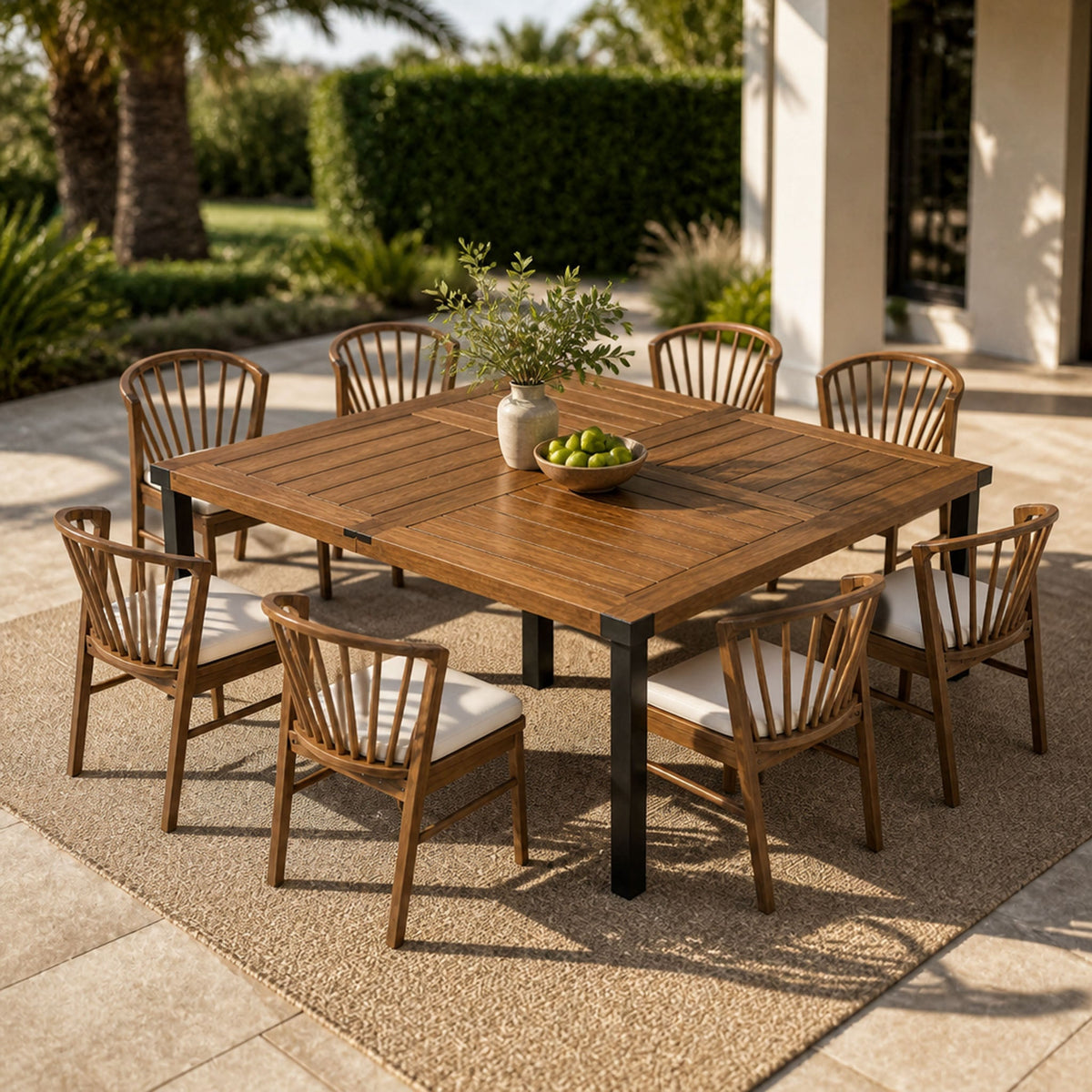 Acacia Wood Outdoor Patio Dining Set with Windsor Slat‑Back Chairs — 9‑Piece