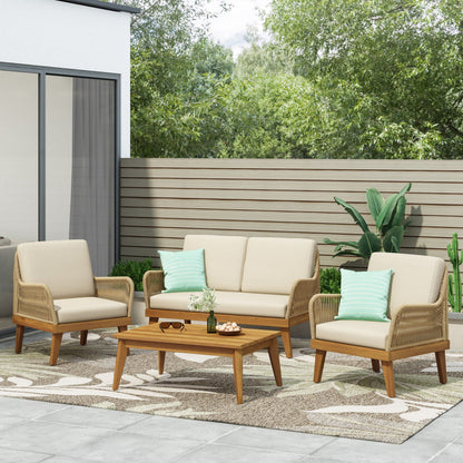 Hueber 4‑Piece Acacia Wood Outdoor Chat Set with Rope Detailing & Water‑Resistant Cushions