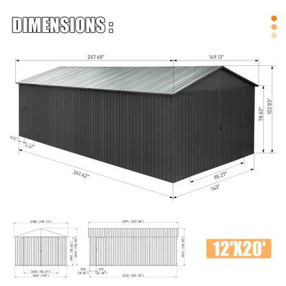 12x20ft Outdoor Metal Garage Shed with Lockable Double Doors - Dark Gray